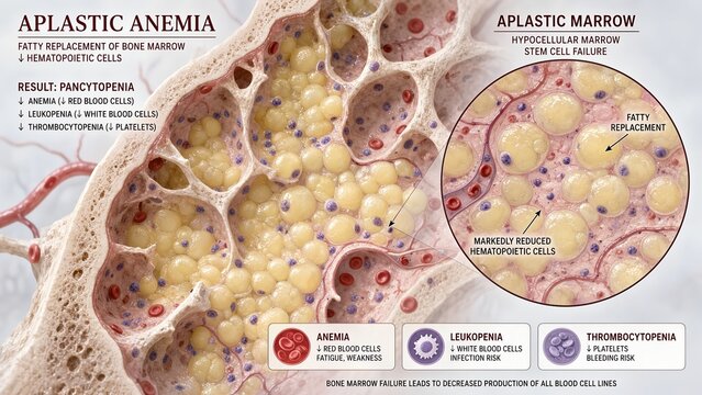 Educational medical 3d render of bone marrow model demonstrating aplastic anemia, fatty infiltration, empty spaces, stem cell failure, and pancytopenia with detailed zoomed inset