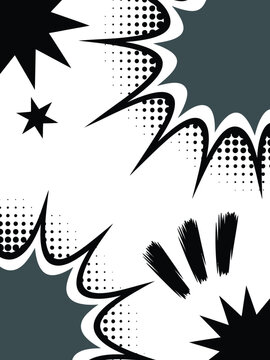 Monochrome comic style explosion elements with halftone dots and abstract stars