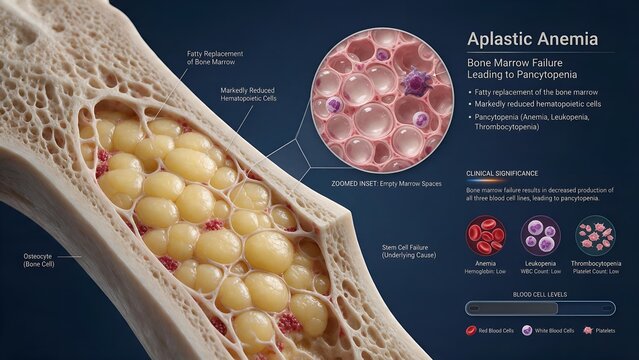 3d medical illustration of a bone marrow model illustrating aplastic anemia with fatty replacement, severely reduced hematopoietic cells, and stem cell failure leading to pancytopenia