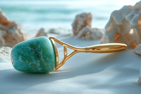 Graphic layout of jade roller on beach with ocean in background,