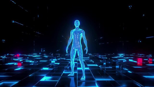 Glowing Digital Human Standing in Futuristic Cyberpunk Environment with Neon Lights and Reflective Floor
