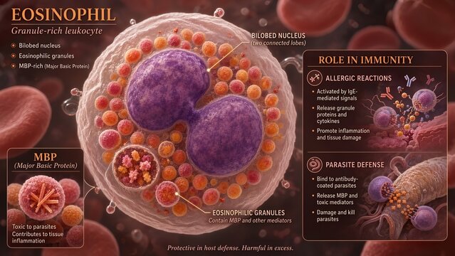 Detailed 3d medical model of an eosinophil showcasing its characteristic bilobed nucleus and eosinophilic granules with major basic protein, highlighting allergic reactions and defense