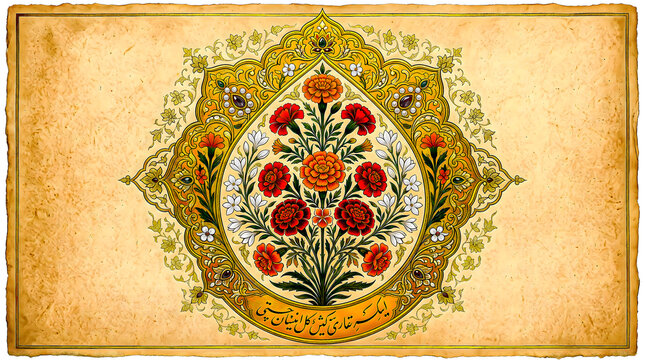 Ottoman Tezhip Illumination Floral Medallion with Arabic Calligraphy