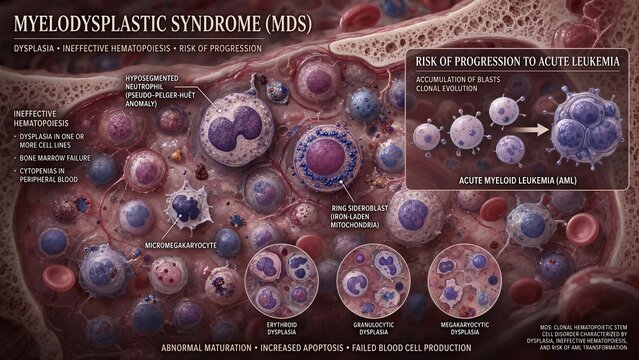 3d medical visualization of bone marrow demonstrating myelodysplastic syndrome with dysplastic cell changes, ineffective hematopoiesis, and a zoomed inset showing acute leukemia progression risk
