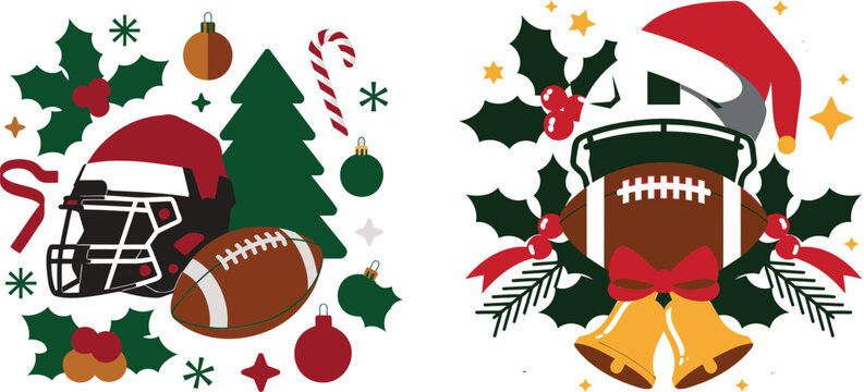 Two christmas themed american football compositions with helmets, footballs, holly leaves, santa hats, and festive holiday ornaments