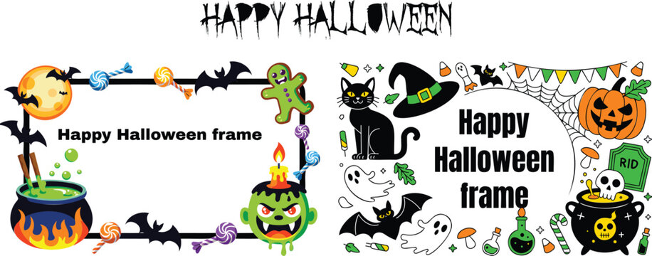 Two halloween frames with cartoon of pumpkins, ghosts, black cats, bats, witches hats, candy, and cauldrons on a white background