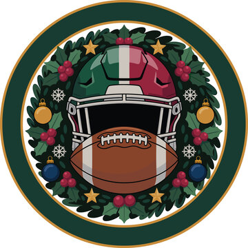 American football helmet and ball inside a christmas wreath with holly berries, gold stars, and ornaments, circular