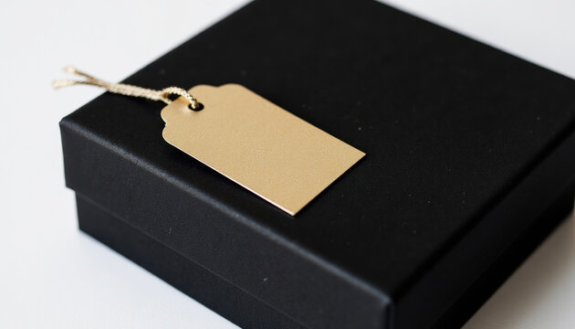 Elegant black gift box with blank golden paper price tag or label, luxury gift packaging mock up for Black Friday, Christmas, or birthday.
