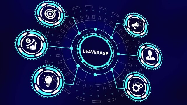 Dynamic digital leverage concept infographic with animated hud interface featuring business growth, marketing strategy, financial success, and innovation for corporate presentations and tech media