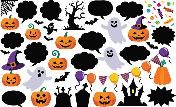 Halloween icon set with jack-o'-lanterns, ghosts, bats, black speech bubbles, haunted house, tombstones, and festive party bunting