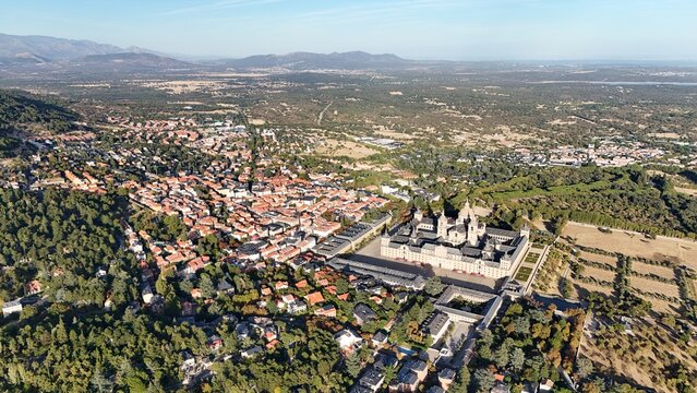 Aerial view of the El Escorial Monastery, Sierra de Guadarrama, Madrid; a landmark of Philip II's reign