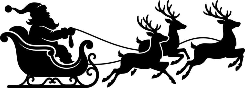 Santa Claus Sleigh Silhouette. Santa Riding Reindeer Symbol. Black Christmas Vector for Holiday Greeting, Christmas Decoration, Winter Celebration and Seasonal Design.