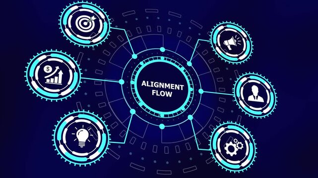 Dynamic digital alignment flow infographic interface featuring interconnected business strategy corporate growth metrics, marketing optimization, and technological innovation concepts in neon blue