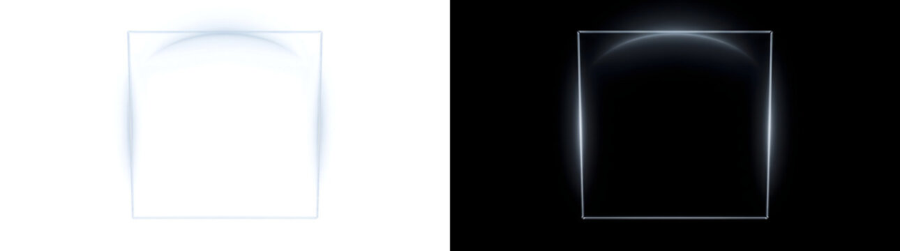 Frame with thin glowing white edges and soft light curve for modern designs in PNG, Transparent and Black Background Versions