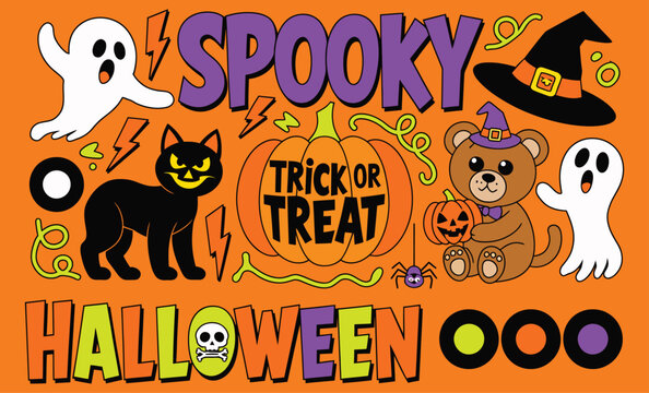 Halloween with spooky text, black cat, pumpkin, ghosts, witch hat, and a teddy bear wearing a purple hat on an orange background