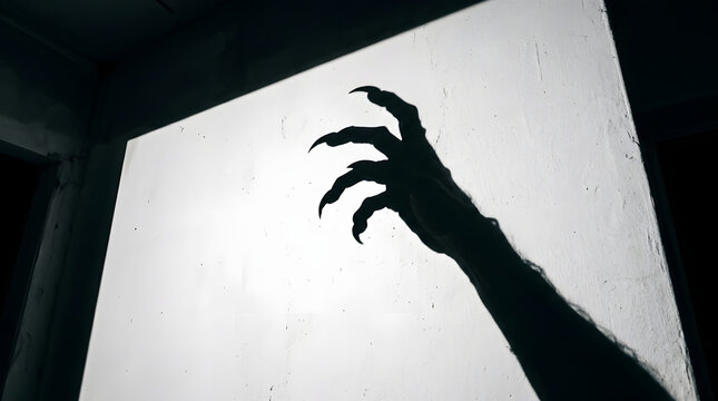 A chillingly dramatic and suspenseful image captures the essence of halloween showcasing a menacing clawed hand shadow cast upon a stark white wall evoking feelings