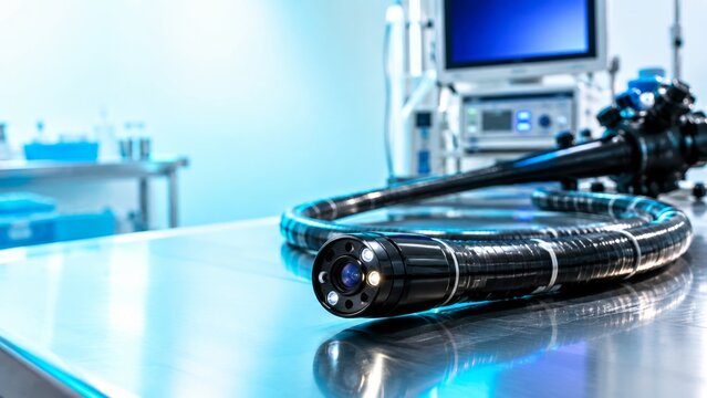 Endoscope camera head with light sources on a metallic surface. Medical imaging equipment in a clinical setting. Advanced diagnostic tool for internal examination