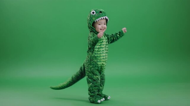 Child in dinosaur costume dancing and celebrating with joy on a green screen backdrop