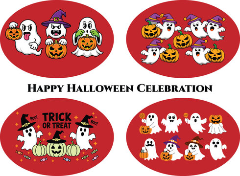 Happy halloween celebration with cartoon ghosts, jack-o'-lantern pumpkins, witch hats, and trick or treat text on red ovals