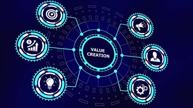 Digital value creation infographic hud interface featuring animated business strategic growth, marketing, innovation, and corporate development concepts for data visualization projects
