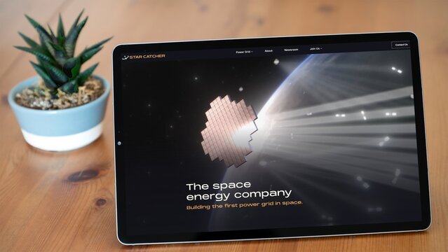 Izmir, Turkey - 30 Sep 2026: Star Catcher website on a tablet screen, the space energy company building a power grid in space to supply satellites, with its logo on the homepage
