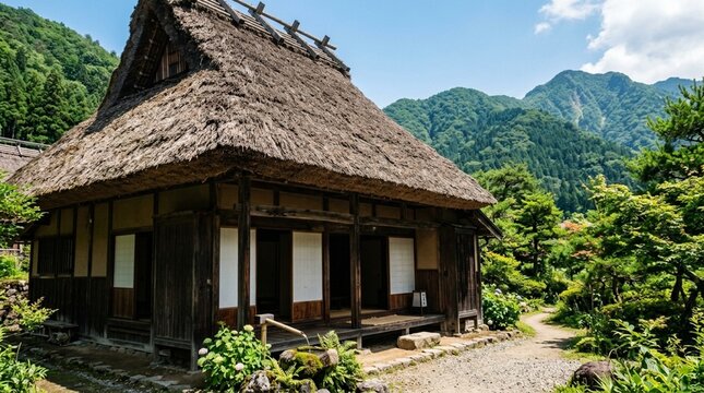 Traditional Japanese thatched roof house in scenic mountain village