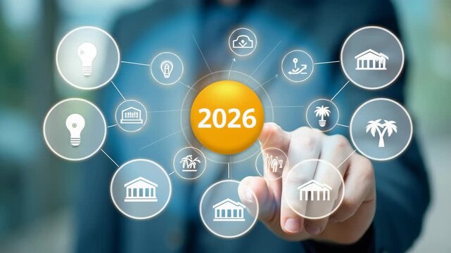 Business roadmap to 2026 success concept. A strategic business journey. Finger points at the 2026 target, surrounded by icons representing innovation, sustainability, teamwork and goal achie.