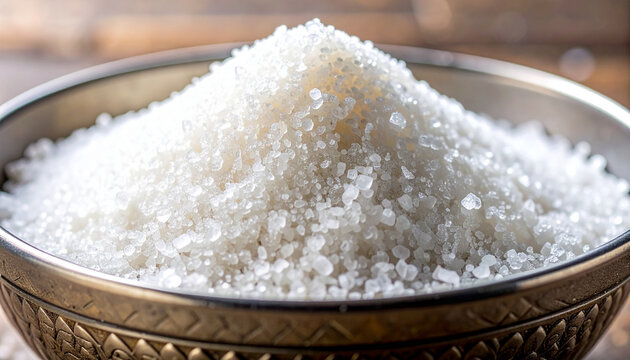 White granulated sugar piled in embossed metal bowl, delicate crystalline texture. Close-up.