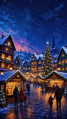 Obraz premium Enchanting snowy Christmas market village under starry night sky