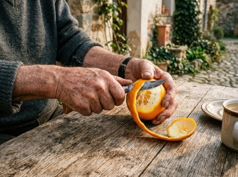 Citrus Peel by Hand on Rustic Outdoor Table