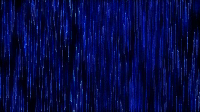 Digital rain animation cascades with streaming cyberspace data. Secure computer programming code flows along active digital rain animation. Cyber defense hubs use the rain.
