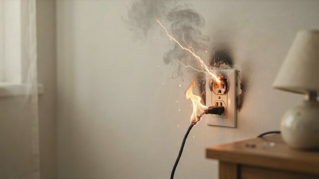 Sparks and flames burst from an overloaded electrical wall socket causing smoke and fire damage. Ideal concept for electrical safety and home insurance campaigns.