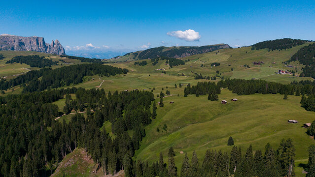 Alpe di Siusi at sunny morning sunrise, Dolomites mountains, Italy