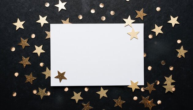 Blank white card mockup surrounded by golden confetti stars and glitter on black background, elegant holiday greeting card template with copy space.