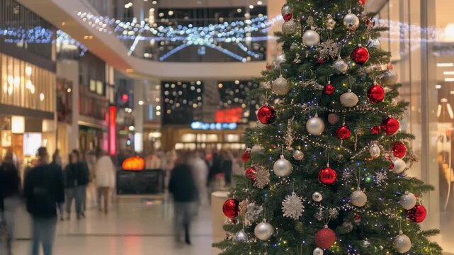 Christmas tree in busy shopping mall with blurred people walking during festive season