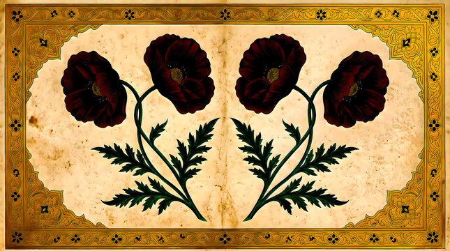 Symmetrical Vintage Poppy Botanical Illustration with Gold Arabesque