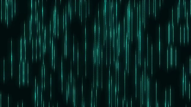 Digital rain animation pours downward with streaming data nodes. High speed computer server processing drives active digital rain animation. Matrix monitors use the rain.