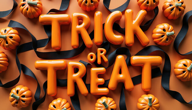 Bold orange 3D Trick or Treat text surrounded by cute mini pumpkins and black satin ribbons on warm background, Halloween party greeting concept.