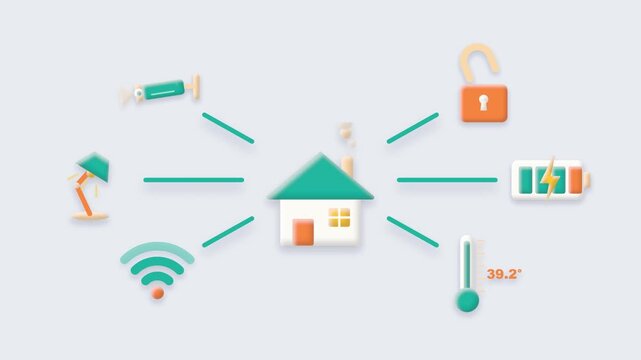 Smart home diagram 3d clay animation on light gray background loop
