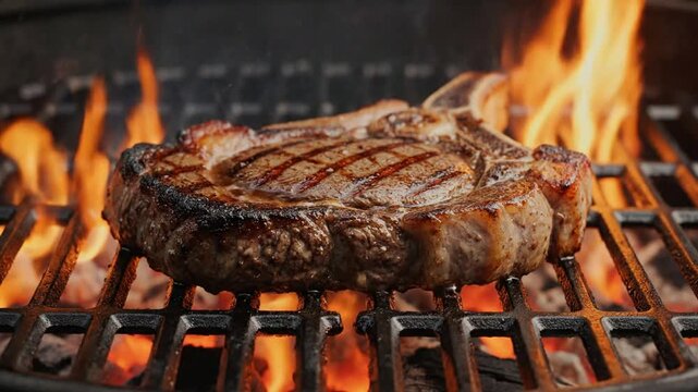Sizzling tomahawk steak on charcoal grill with open flames and smoke for delicious bbq cooking ribeye