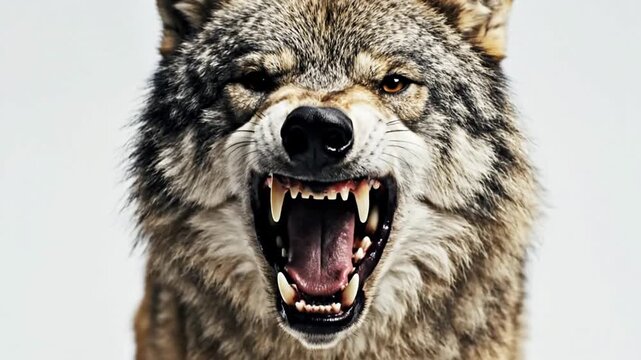 Fierce gray wolf baring teeth and growling in aggressive close-up studio portrait facing camera timber wolf