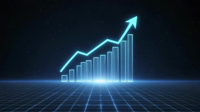 Blue growth chart with upward arrow rising above bar graph in neon digital grid during dark night