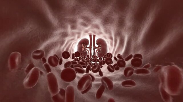 3D animation traveling through human vessel towards kidneys with flowing red cells erythrocytes vein