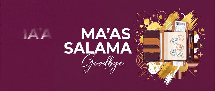 Ma'as Salama Arabic Goodbye Travel Banner with open passport, boarding pass, and pen on burgundy background with gold splash accents for farewell, journey, departure, and middle eastern vacation style
