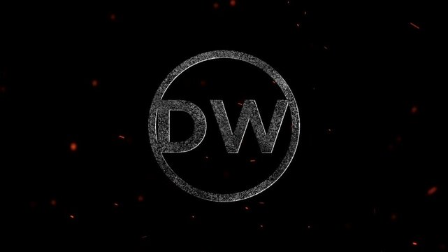 Abstract circular emblem with letters D and W featuring glowing dust particle texture and light sparks