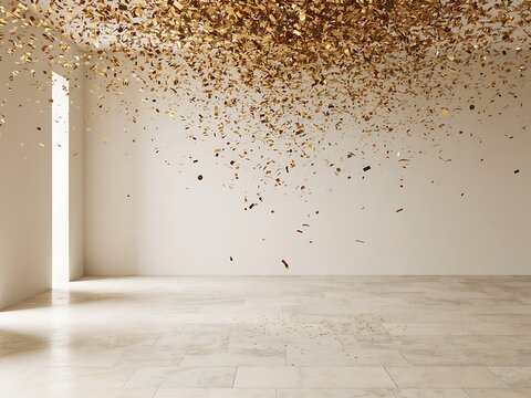 Abstract background with floating copper metallic glitter particles in a modern bright room