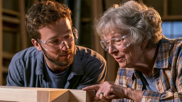 Mentor Teaching Woodworking Skills in Furniture Workshop