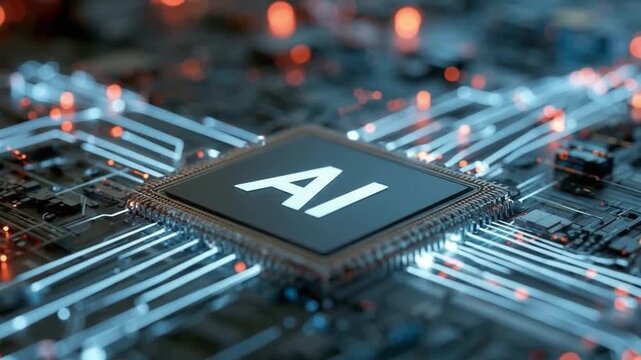 AI Chip Close-up: A detailed macro shot of a central processing unit (CPU) labeled with AI, embedded within a circuit board, showcasing intricate connections and illuminated components.