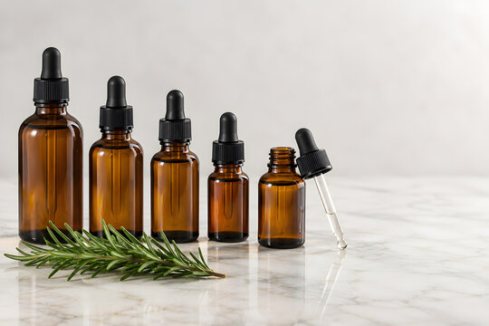 Row of unlabelled amber glass essential oil bottles with dropper caps and a fresh rosemary sprig on white marble, copy space