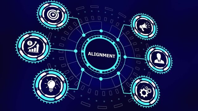 Corporate business alignment concept featuring digital hud interface with animated for strategic growth, team synergy, financial success, marketing goals, and innovative technology solutions in blue